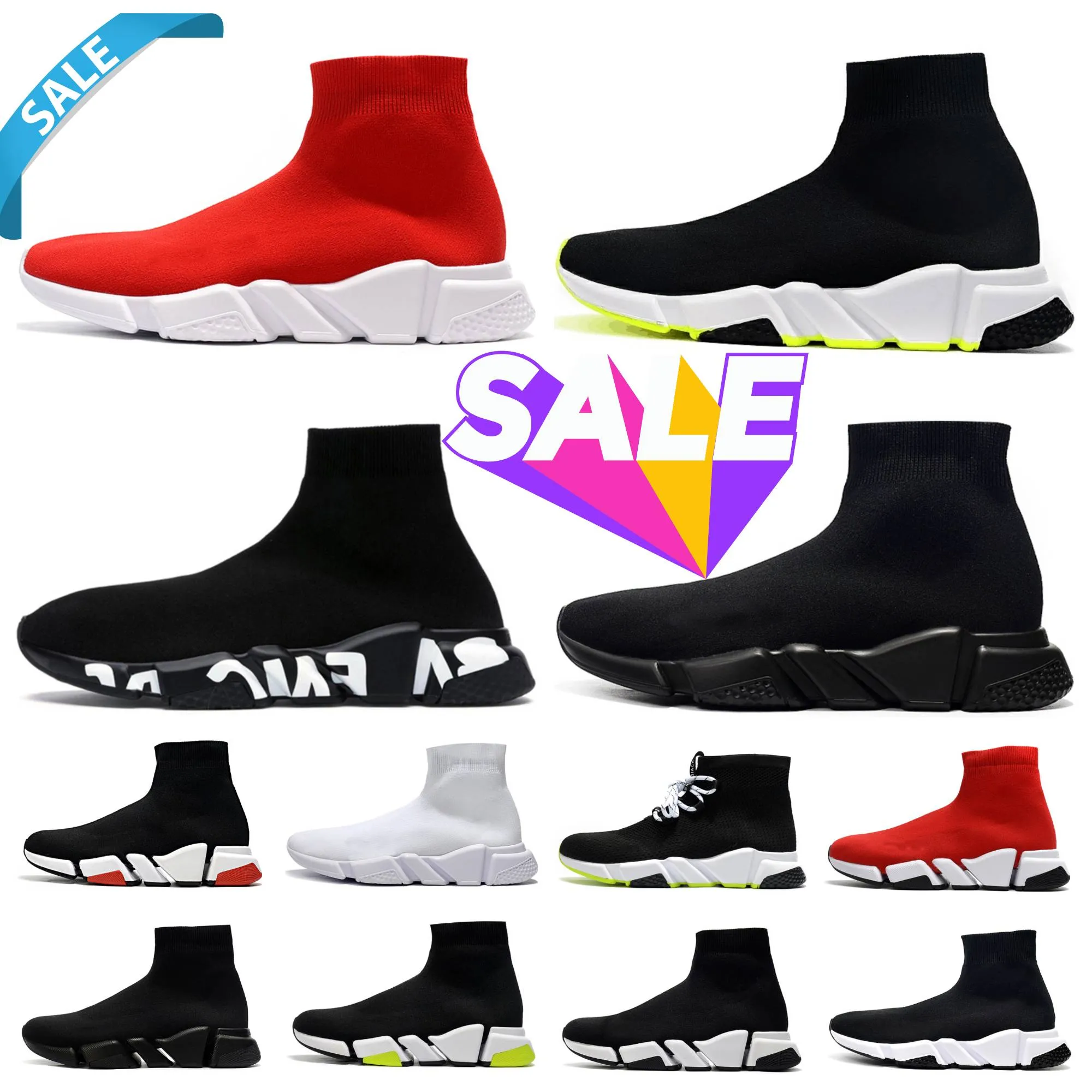 Chaussures décontractées de la chaussette en tricot de créateur vitesses Trainer Mens Femmes Glitter Sneakers bleu vitesse 1,0 2.0 Graffiti Lace Up Up Triple Black Blanc Clear Sole Bottes plates Luxury Trainers