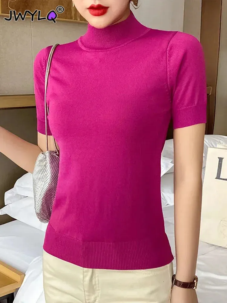 Summer High High Collar Short Shory 10 Colours Top Top All-Match Slim S-3xl maglietta S-3xl Women Fashion Streetwear Top 240403