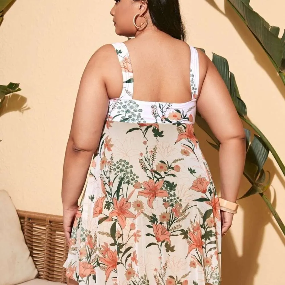 Nieuwe plus size taille bedekkende slanke en conservatieve digitale gedrukte roksplit bikini