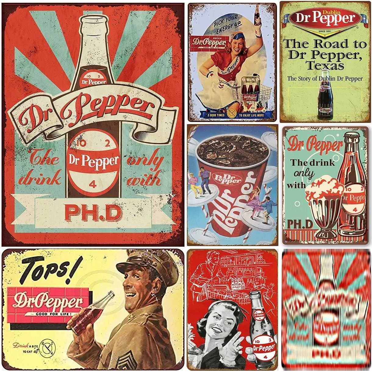 Retro Soda Pop Sign - Vintage Dr. Pepper Metal Tin Sign, Rustic