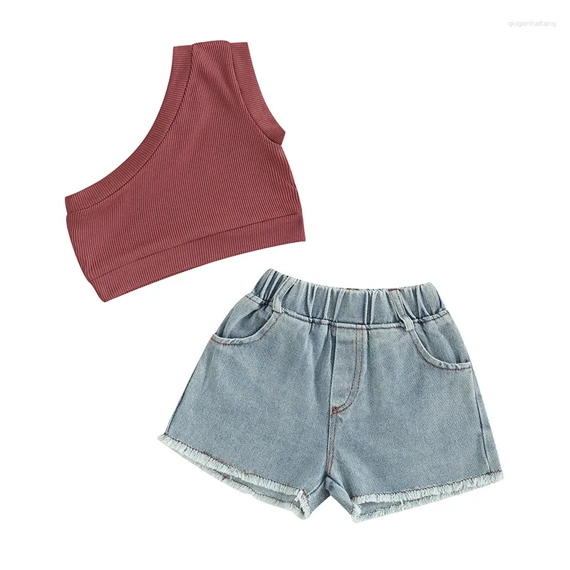 Kläder set småbarn flicka denim outfit spädbarn baby sommar shorts set ribbad ärmlös en axel tank tops jean pant