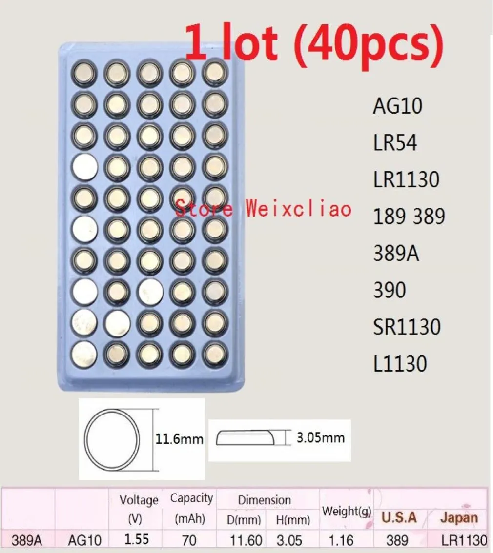 40PCS 1 LOT AG10 LR54 LR1130 189 389 389A 390 SR1130 L1130 155Vアルカリボタンセルバッテリーコインバッテリートレイパッケージ2334688