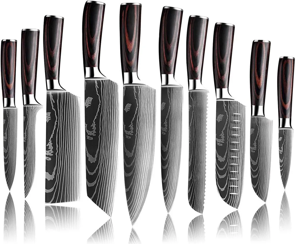 Högkvalitativ 7CR17MOV Rostfritt stål Kock Kniv Set Japanese Sharp Kitchen Cleaver Utility Slicing Santoku Laser Damascus Pattern2075441