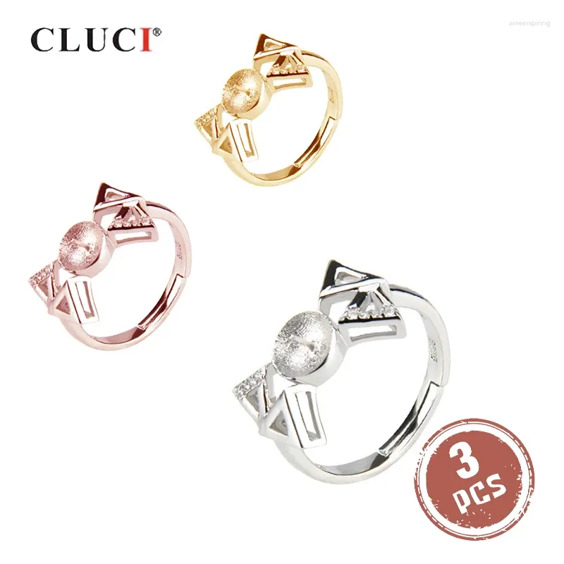 Anillos de racimo Cluci 3pcs Silver 925 Configuración del anillo de circón para mujeres Joyas de perlas de esterlina geométrica Hacer SR2012SB
