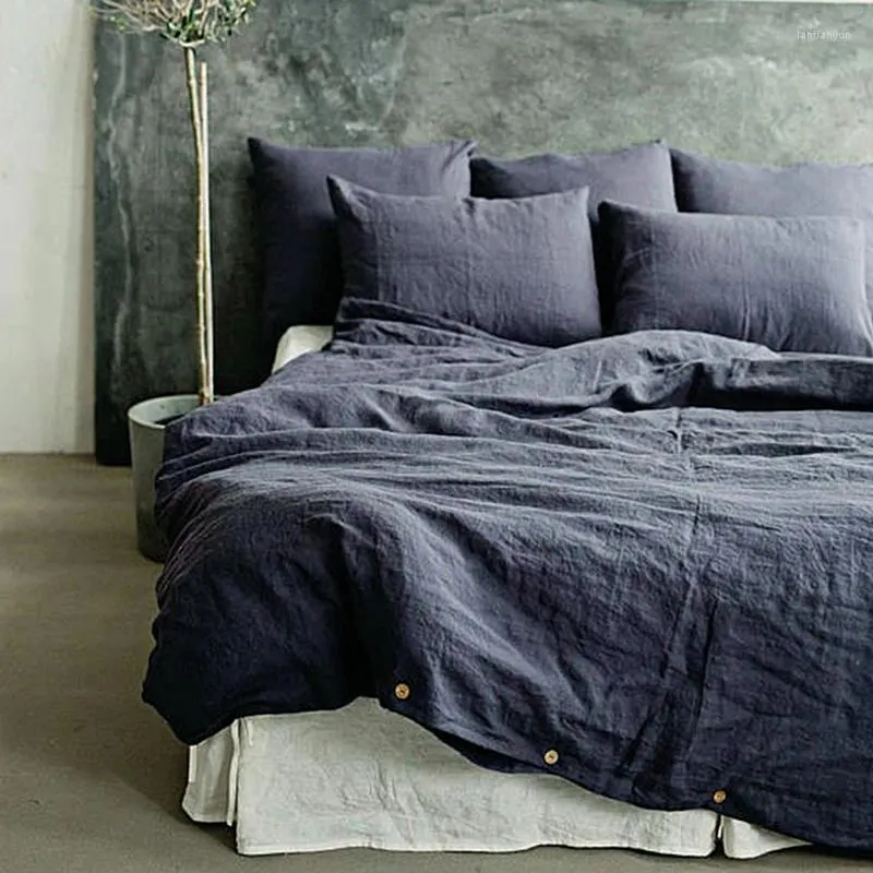 Bedding Sets 4pcs Dark Gray Natural Pure Washed Linen Set King Size Duvet Cover Pillowcase Bed Flax Sheets Christmas