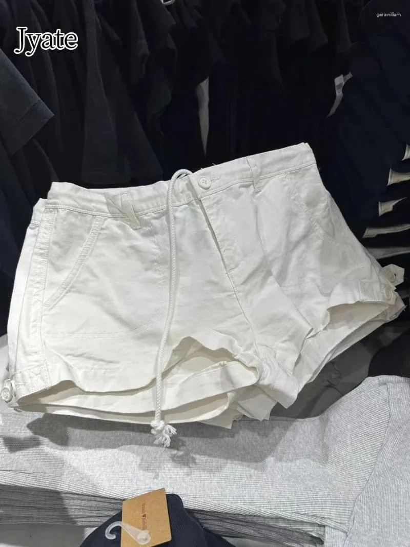 Kvinnors shorts Jyate American Retro Casual White Cotton 2024 Pocket Midja Drawstring Sportwear Women Summer Straight