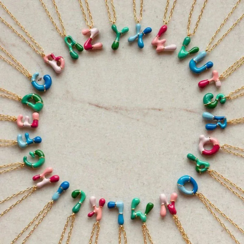 Chaines Ballon à bulles émaillées colorées 26 lettres Collier pour femmes bijoux de fête de mariage rose plaqué or