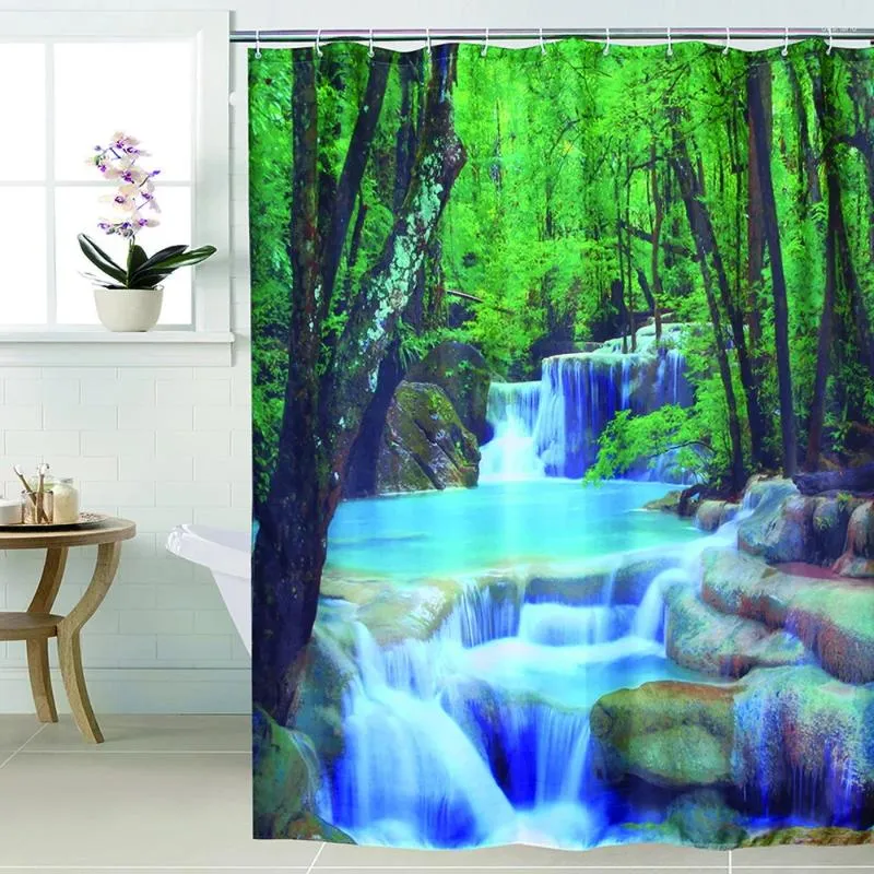 Duschvorhänge glücklich Baumstoff Polyester Wasserfall Wasserfall 3d Vorhang verdicken Badezimmer Landschaft Druckgrünbad
