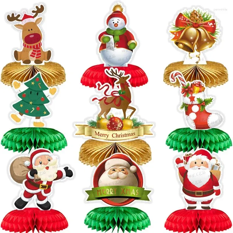 Party -Dekoration 9pcs Weihnachten Wabe Kernstück XMAs Snowman Santa Claus Elch Ball DIY Jahr Tischverzierung Stände Requisiten