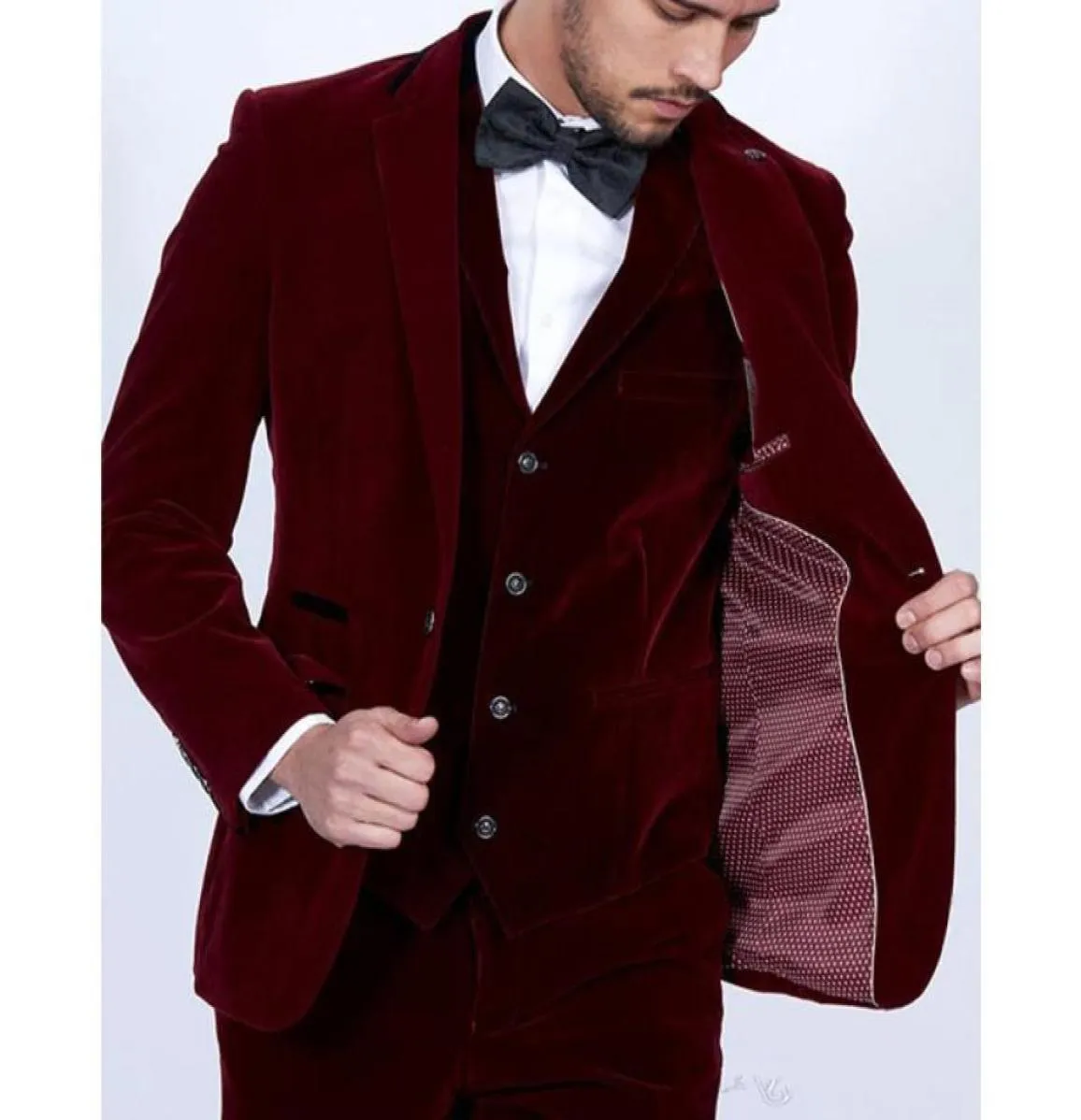 Bourgogne Velvet Men Suits 2018 Slim Fit 3 Piece Blazer skräddare Made Wine Red Groom Prom Party Tuxedo Jacket Pants Vest1218610