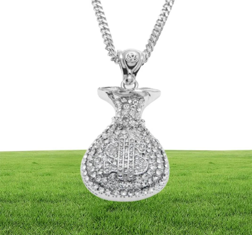 Hip Hop Antique Srebrne złoto Pleced Money Bag Wisip dla mężczyzn Kobiety Bling Crystal Dollar Charm Nasja