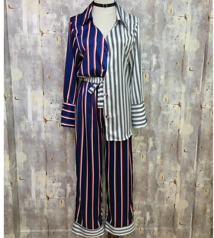 Home Clothing Fashing Spring Autumn Damskie Hit Kolor Stripe Dwuczęściowe spodnie Zestaw piżamy śpiący jedwabne odzież nocna