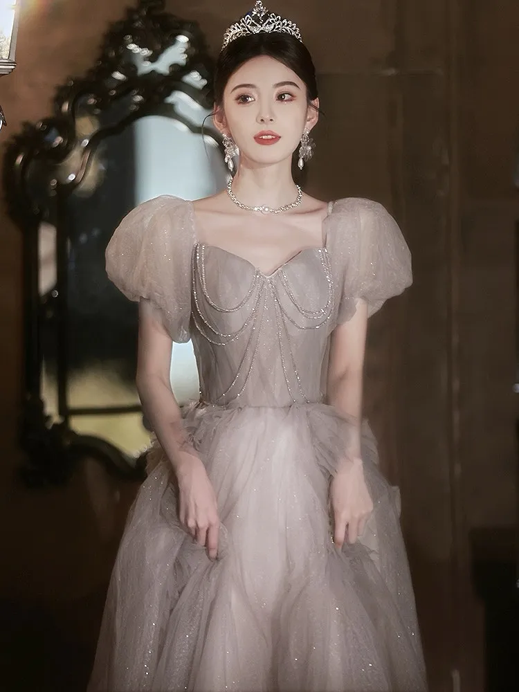Gold Sequin Bridesmaid Dress O-Neck Beaded Chain Puff Sleeve A-line Wedding Formal  Gown from Dhgate Bridesmaid Dress - price 141.53