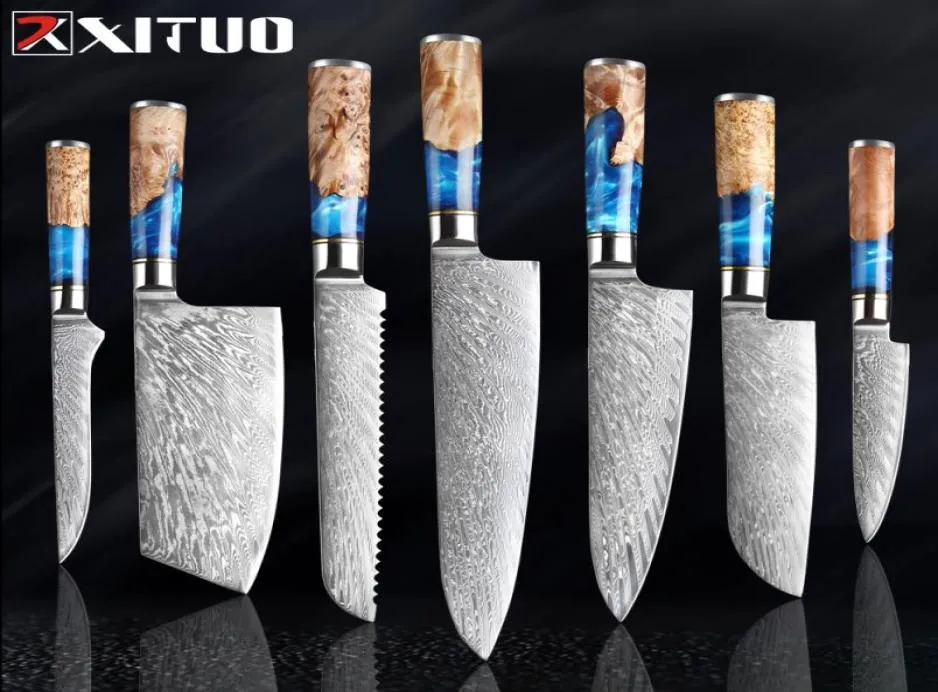 Xituo Kitchen Knivesset Damascus 강철 VG10 요리사 나이프 칼 조종 빵 나이프 파란색 수지 및 컬러 나무 손잡이 요리 도구 3932807