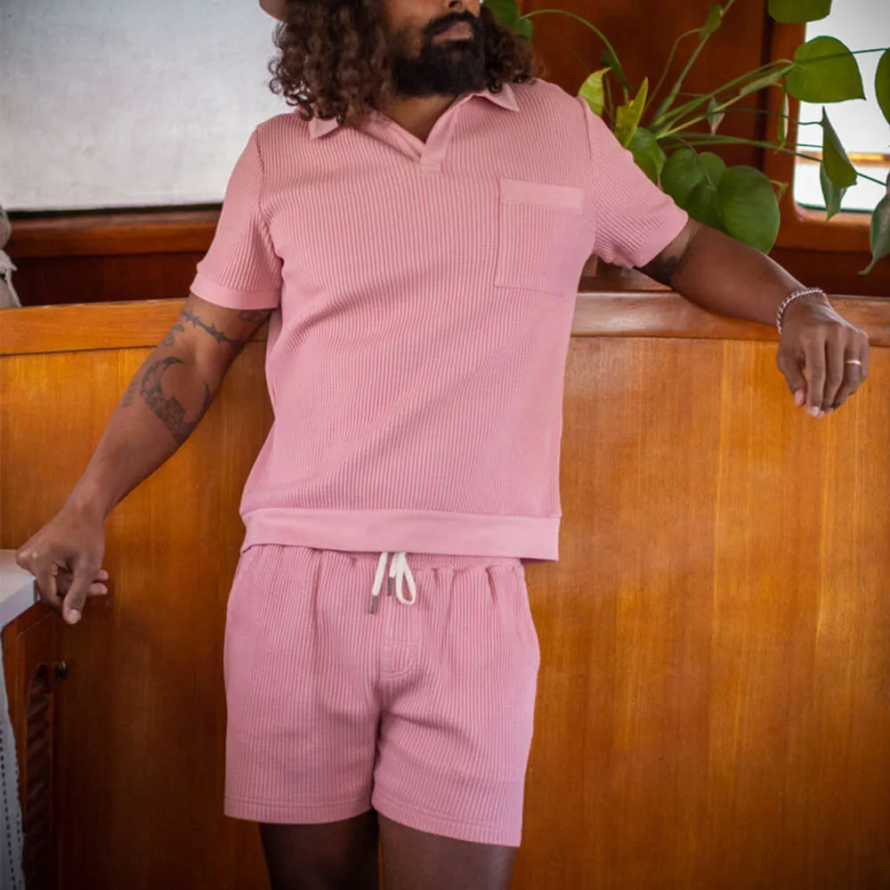 2024 Spring Fashion Casual Solid Pink Short Sheeved Shorts zweiteilige Männer -Set für zweiteilige Männer