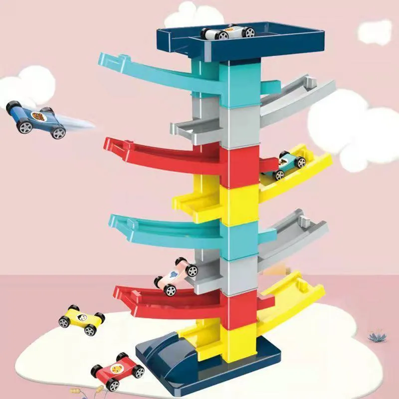 DHgate Interactive Car Slide Toy 9 Tracks 4 Racing Cars Montessori Toddler Fun Toys Gifts
