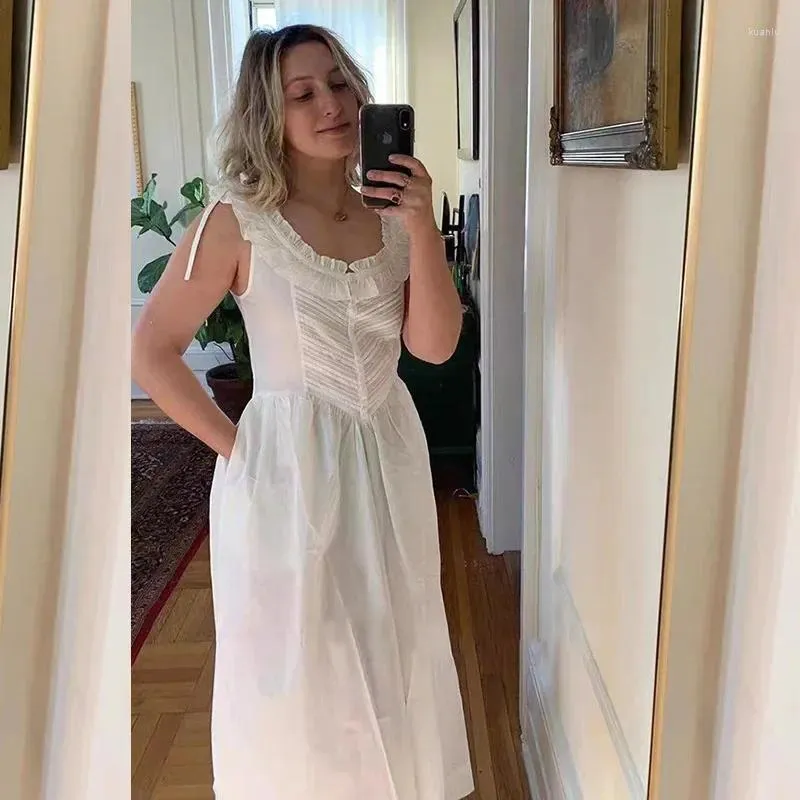 Casual Dresses Summer Dress Ruffled U-Neck Sleeveless Women White Midi