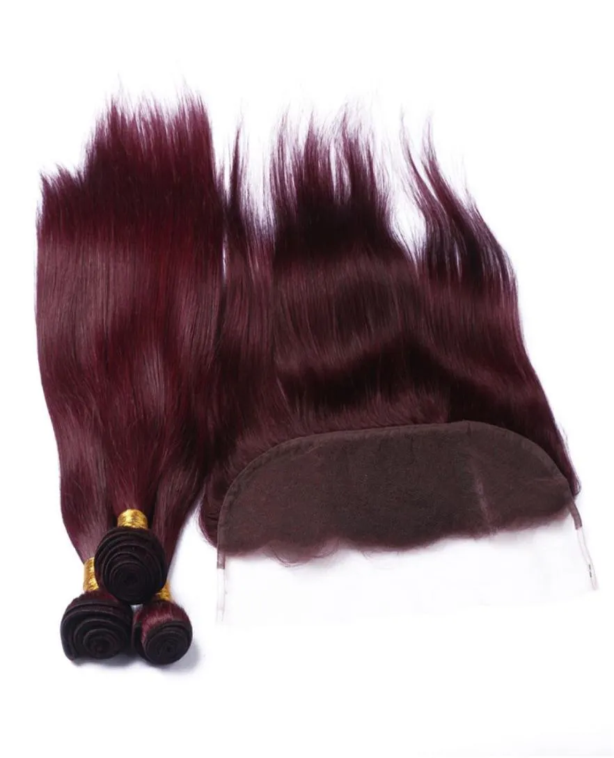 Wine Red Human Hair Bundle behandlar frontens stängning Rak 99J Bourgogne 13x4 Ear to Ear Lace Frontal Stängning med Virgin Hair4253216