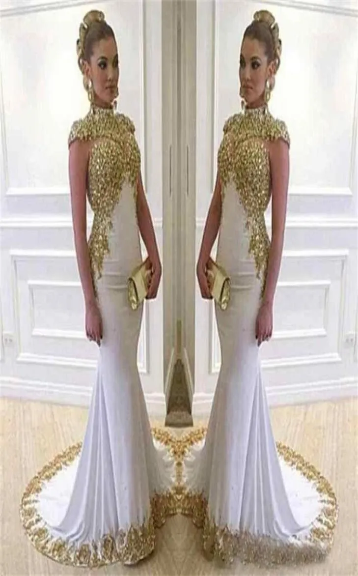 Saudi -Arabien Vestido Gold Applique Perlen glänzende Meeresjungfrau Abendkleider Hochhals Kappe Hülle weiße Dubai Lange Promkleider1628497