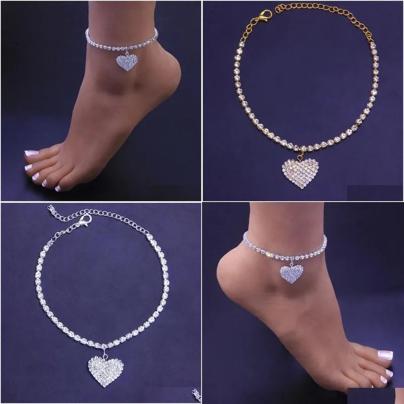 Anklets 2024 Rhinestone Heart Pengdant Chain 14K Gold Luxury armband op beenaccessoires voor vrouwen feest mode sieraden drop levering dh8dm