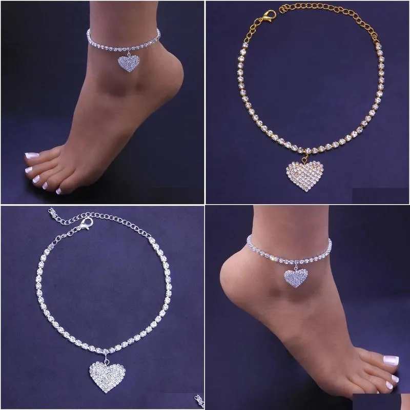 Anklets 2024 Rhinestone Heart Pengdant Chain 14K Gold Gold Luxury Bracelet on Leg Assories for Women Party Fashion Jewelry Drop Dropen