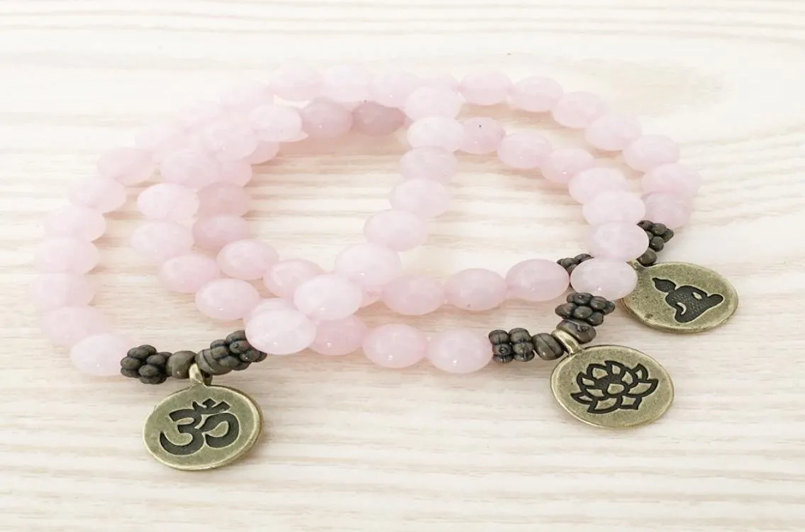 SN1107 Genuine Rose Quartz Bracelet Antique Brass Om Buddha Lotus Charm Bracelet Gift For Her2652354