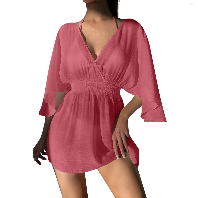 Casual Dresses Beach Skirt V-Neck Bikini Short Backless Long-Sleeved Cover-Up For Women Fashionable And Simple Women'S Clothing