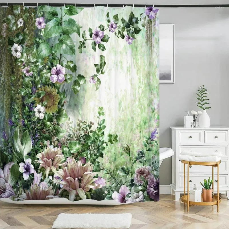 Duschgardiner blommor blad badskärm växter tryck gardin vattentät med krokar för badrum heminredning