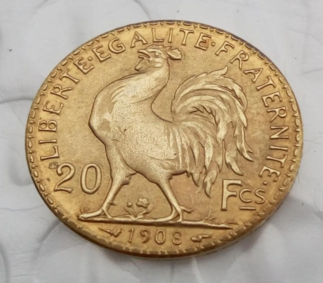 Frankrike 20 Francs 1908 Rooster Gold Copy Coin Shippi Brass Craft Ornaments Replica Coins Home Decoration Accessories4181875