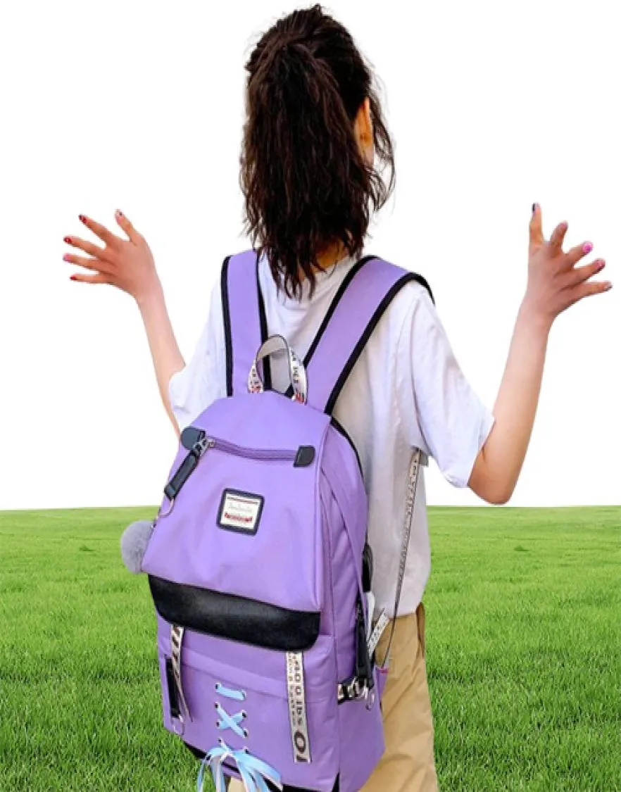 Duże zielone plecaki kobiety szkolne plecak dla nastoletnich dziewcząt USB Torba szkoła płótno Middle Junior High College Bagpack2622117