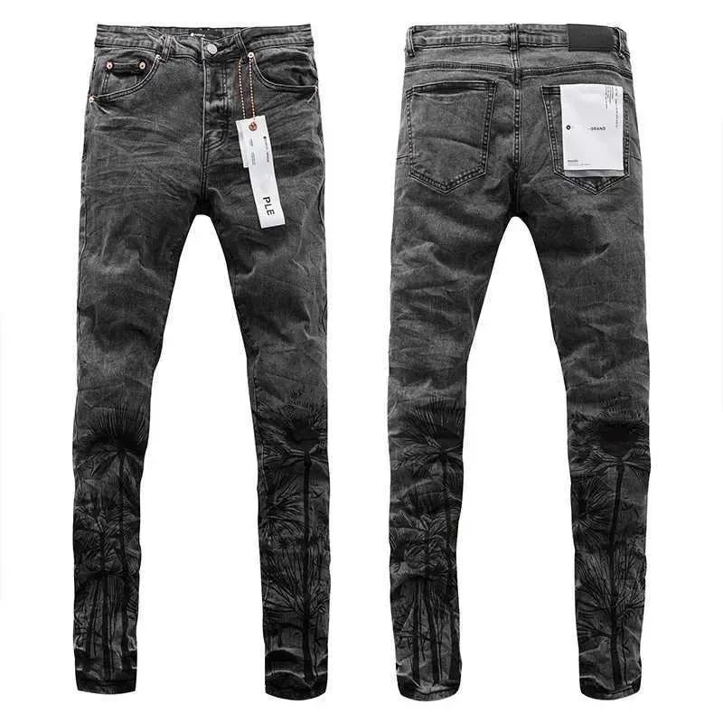 Hochwertige Lila Brand Jeans American High Street Kokosnussbaumdruck schwarzer stilvoller und schlanker Hosen