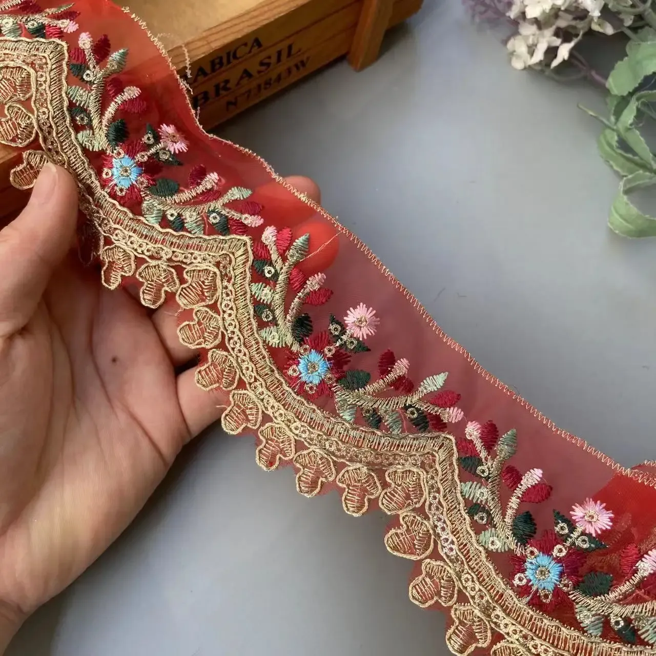 Red Sequin Tie: Yard Red Ethnic Style Embroidery Lace,