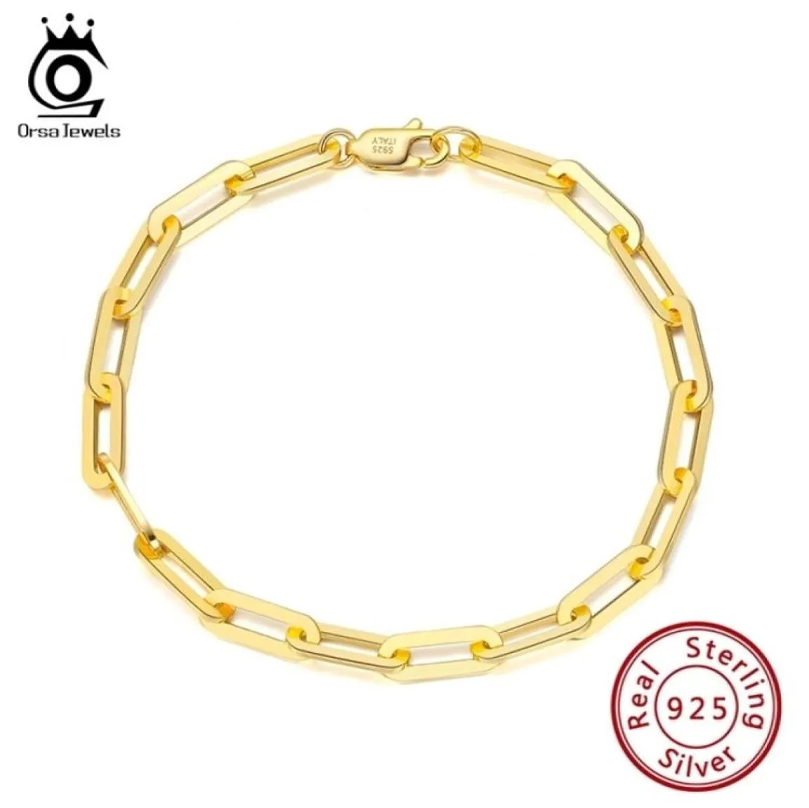 ORSA JEWELS 14K Gold Plated 925 Sterling Silver Paperclip Link Chain Bracelets for Women Men Bracelet Jewelry SB109 2202228722754