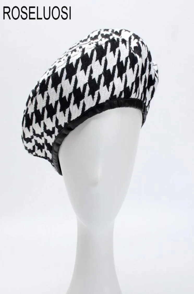 Roseluosi осень зимняя мода Houndstooth Berets Шляпы для женщин Черно -белая Bonia Caps женщина Gorras S181017082624843