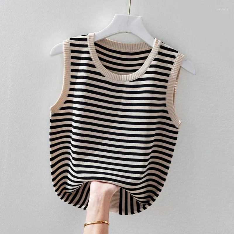 Women's Tanks 2024 Summer Fashion Round Neck Camisole Tops Female Striped Bottoming Sleeveless Ladies Ice Silk Knit Vest H12