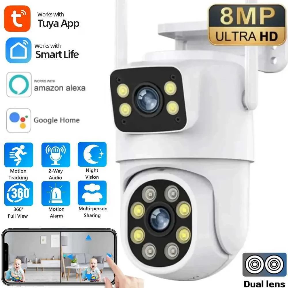 IP -kameror 4K 8MP Dual Lens PTZ WiFi Camera Full HD Dual Screen AI Human Auto Tracking Outdoor 4MP Security Video Surveillance Camera Tuya 240413