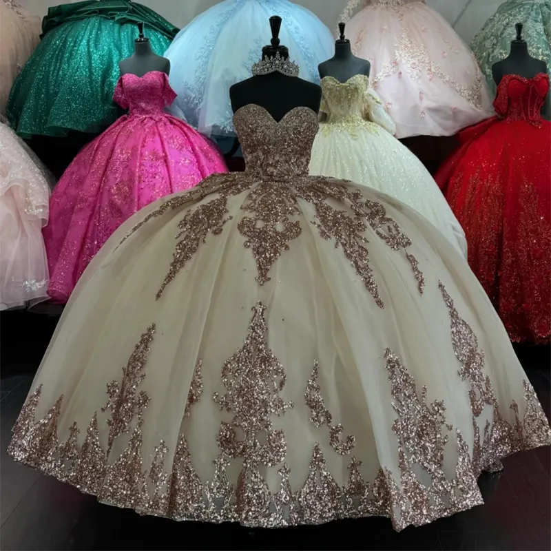 シャンパンの光沢のあるQuinceanera Dresses for Sweet 16 Princess Gown Applique Lace Beading Tull Birthday Party Prom Dresses Vestido de