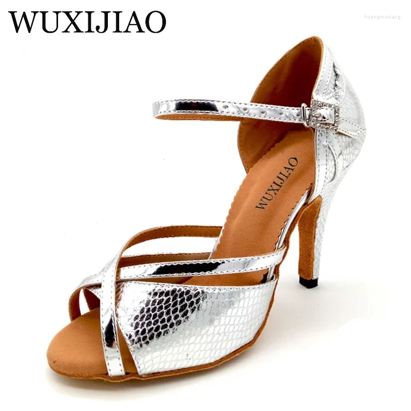 Dansschoenen wuxijiao 2024 vrouwen slang textuur pu zilver voor dames latijnse balzaal salsa sandalen