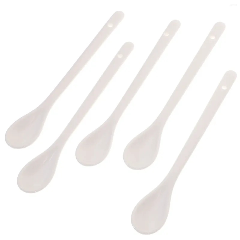 Spoons 5pcs Large Soup Spoon Ceramic Long Handle Coffee Scoop Kitchen Ladles For Eating Porridge (White)
