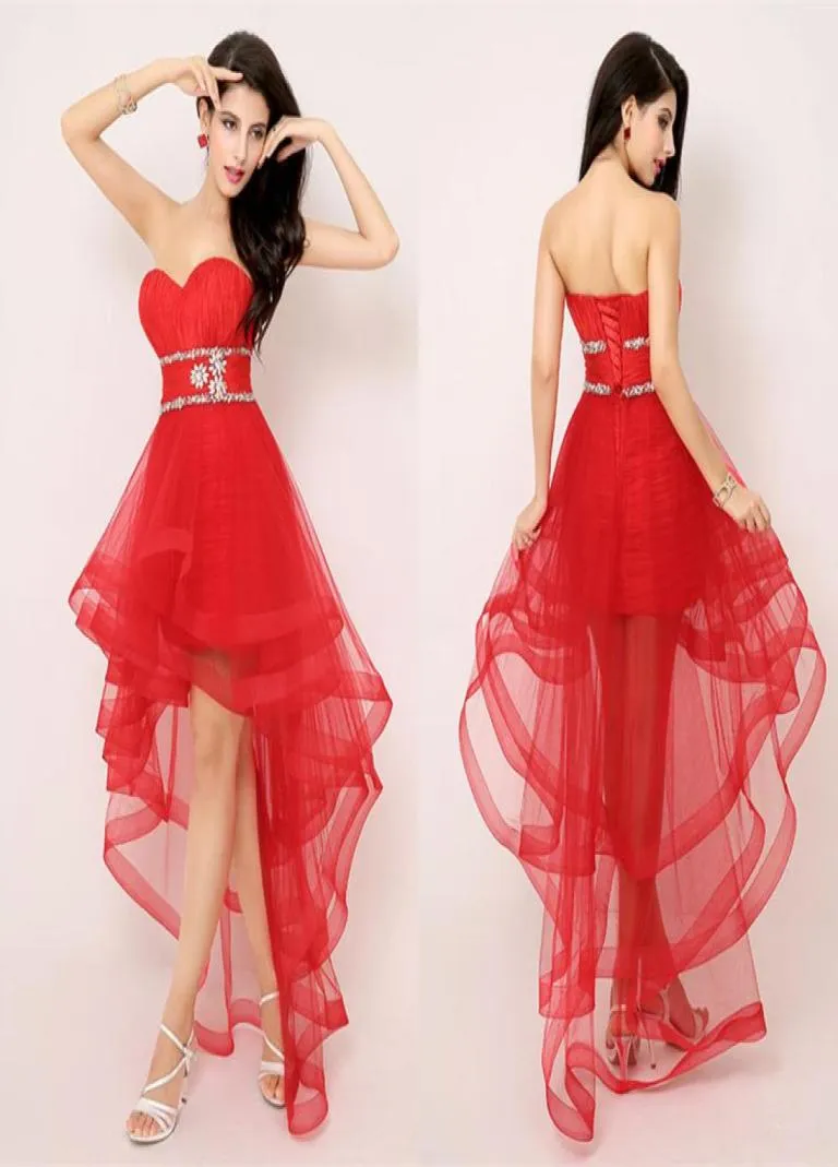 Red 2021 Cocktail Dresses Sweetheart Strapless Pleats Ruffles High Low Tulle Sexy Cocktail Party Dress Evening3862034