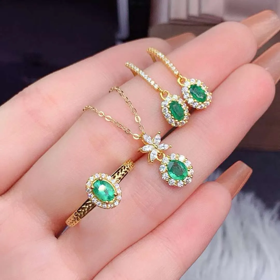 DHgate Hot selling Natural Real Emerald Set 925 Sterling Silver 1pc Emerald Ring 2pcs Emerald Earrings 1pc Emerald Pendant Jewelry
