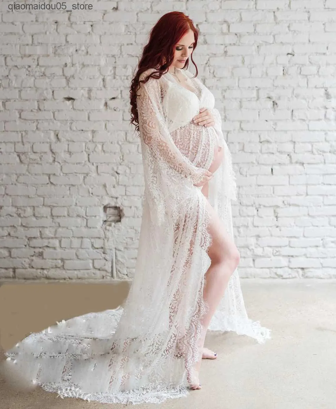 Robes de maternité Dernières photos de robes pour femmes enceintes avec des cils et de la dentelle.Photos de femmes enceintes atteintes de vestidos grossides en dentelle blanche Q240413