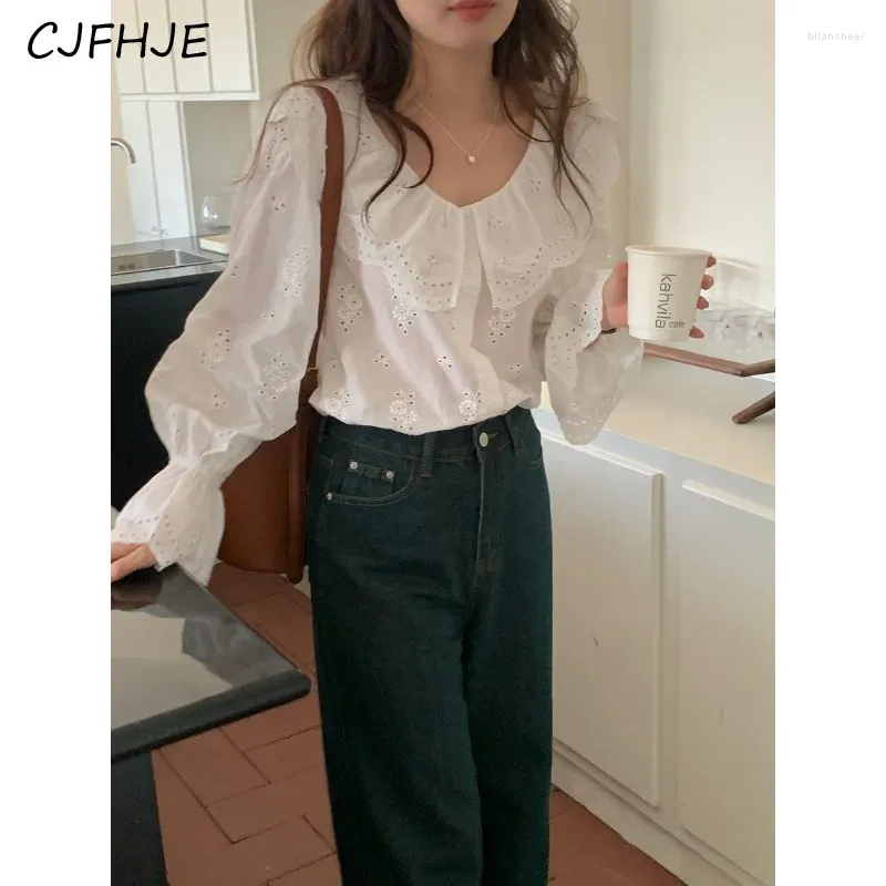 Blouses pour femmes cjfhje printemps collier franc-brèche chemise à manches évasées coréennes coffre à crochet clouté fleur creusée à manches longues