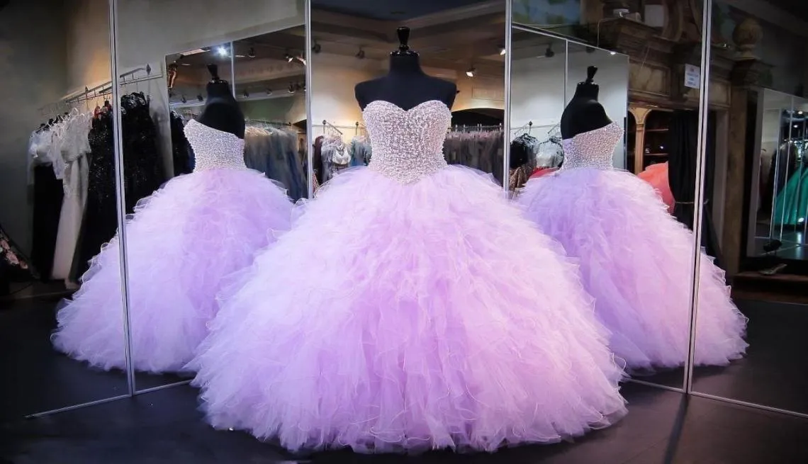 Lavendel Quinceanera Kleider Ballkleid Korsett Kristalle Perlen Rüschen Tüll 2020 Schnürung Rücken Festzugskleider für Mädchen Schatz P8317782