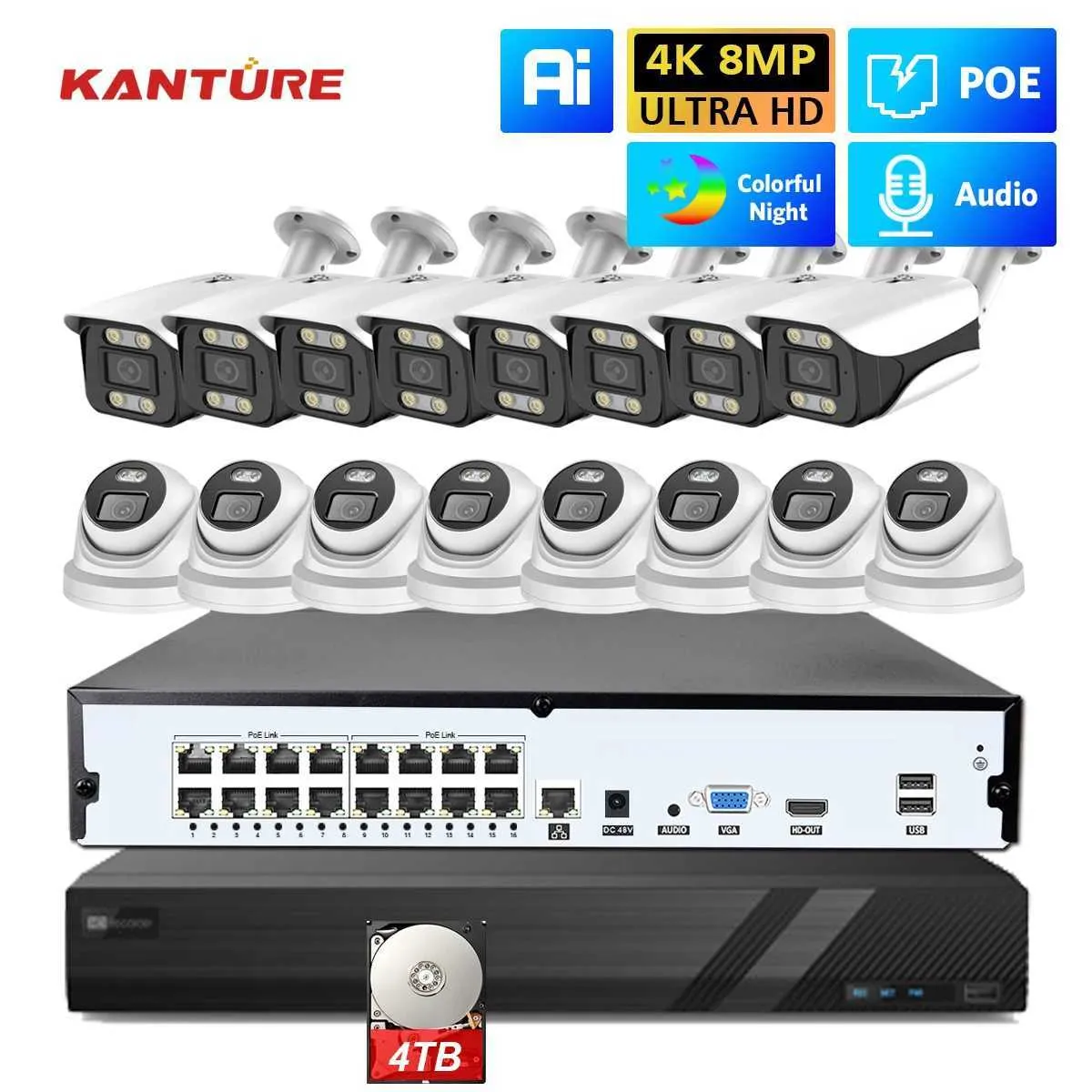 IP -камеры Kanture 16CH 4K POE CCTV CAMER SYSTEM 8MP Красочное ночное видение Внутреннее открытое видеоролика Audio Camera 240413