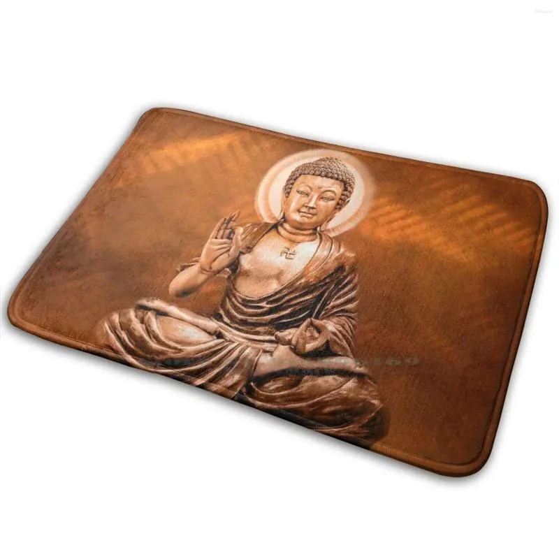 Mattor Buddha Mat Rug Carpet Anti-Slip Bedroom Entrance Door Gautama Buddhism Legend Statue Gold Copper Meditation