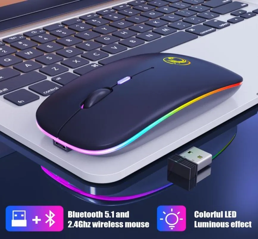 Imice RGB Перезаряжаемая 2 режима 24G Bluetooth мыши беспроводной беспроводной USB -эргономический светлый мыши с мыши для мышей для ноутбука для ноутбука LED4751559