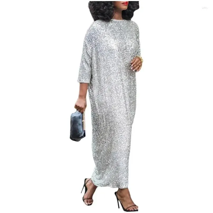 Robes décontractées de base Coure couche robe en ajustement en vrac élégant paillettes maxi pour les femmes surdimensionnées o trois quarts de manche de la cheville plis doux dhgoc dhgoc