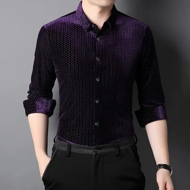 Men's Plus Size Purple Velvet slim fit shirts men - Elegant Blue Velvet Clothing for Office and Party Wear (Style #241113)