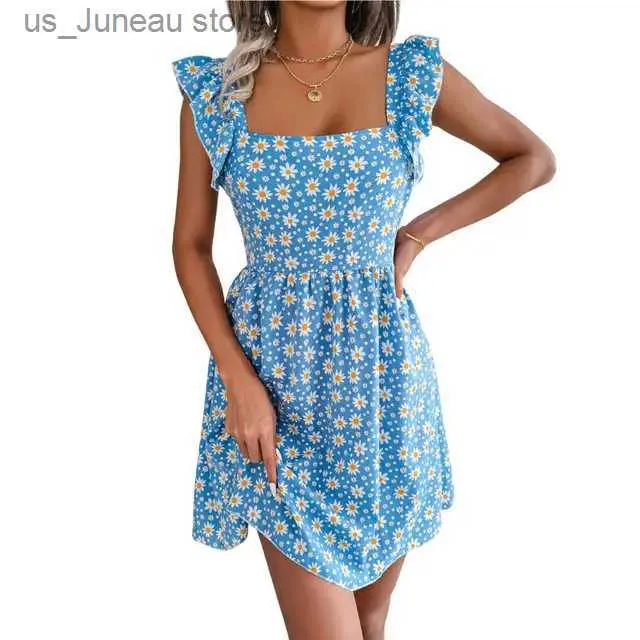 Urban Sexy Dresses Casual Holiday Mini Dress Square Collar Ruffle Shoulder Straps High Waist Summer Dress Women Floral Print 1 T240415